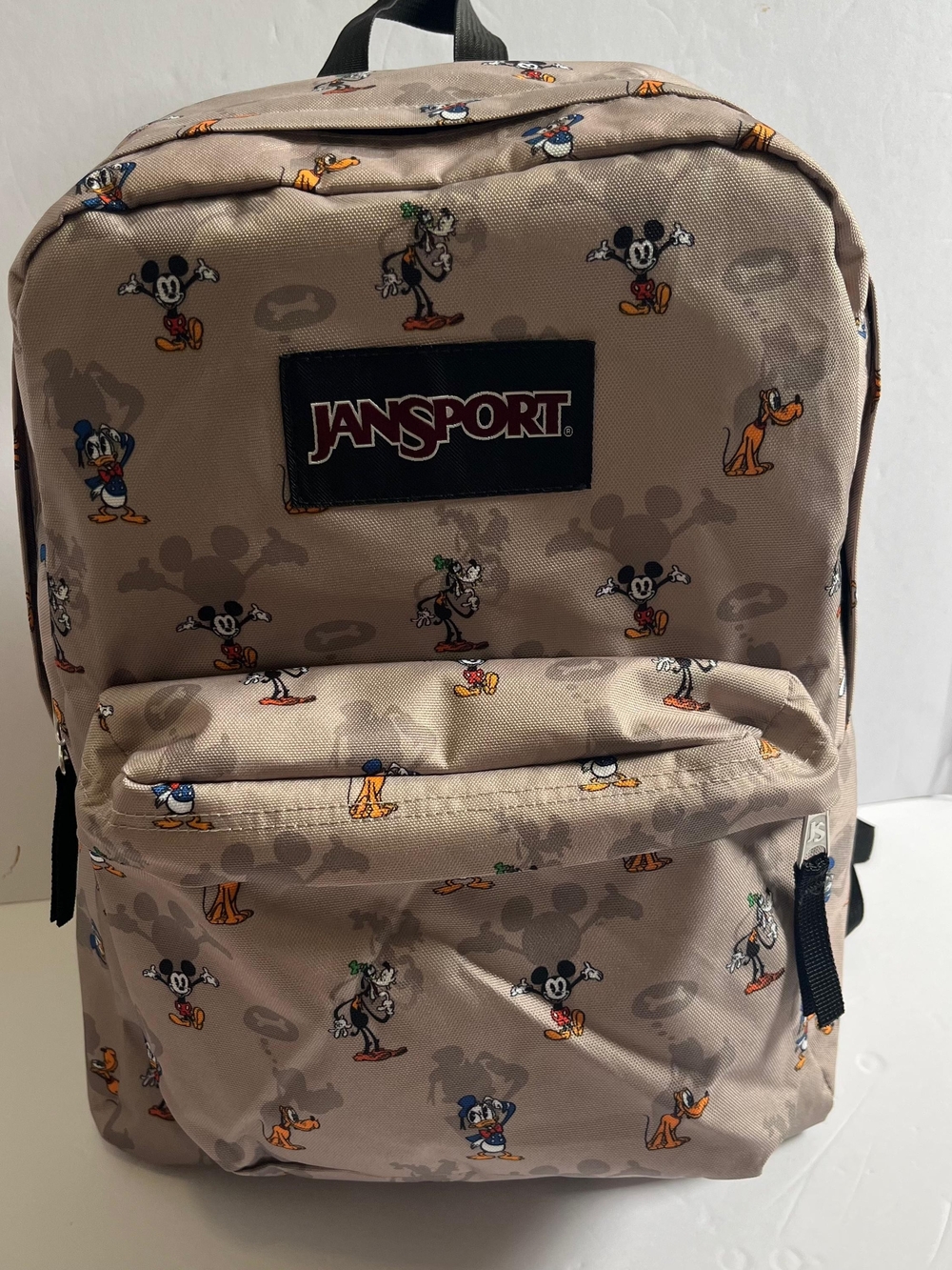 JanSport Disney SuperBreak Backpack Mickey Donald Goofy Pluto Allover Print Tan
